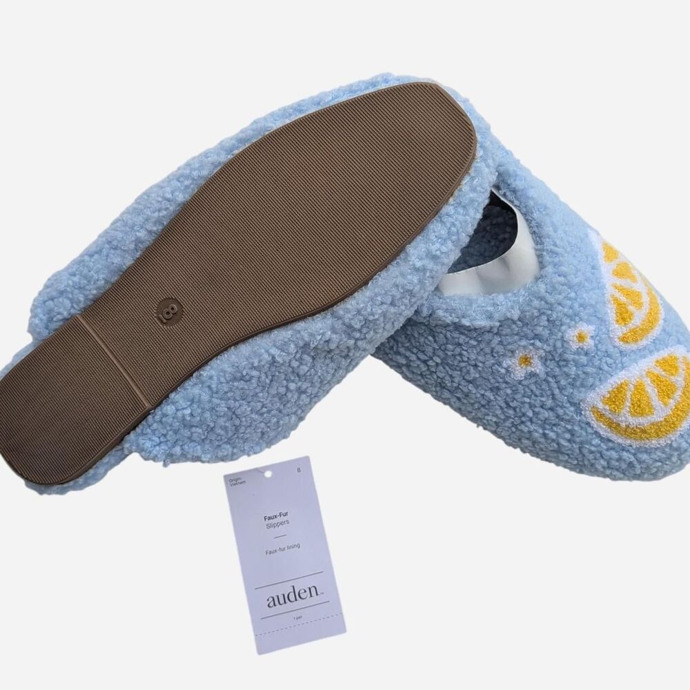 NWT Auden Women's Faux-Fur Sherpa Slipper Slides Light Blue Lemon - Size 8 - Picture 5 of 5